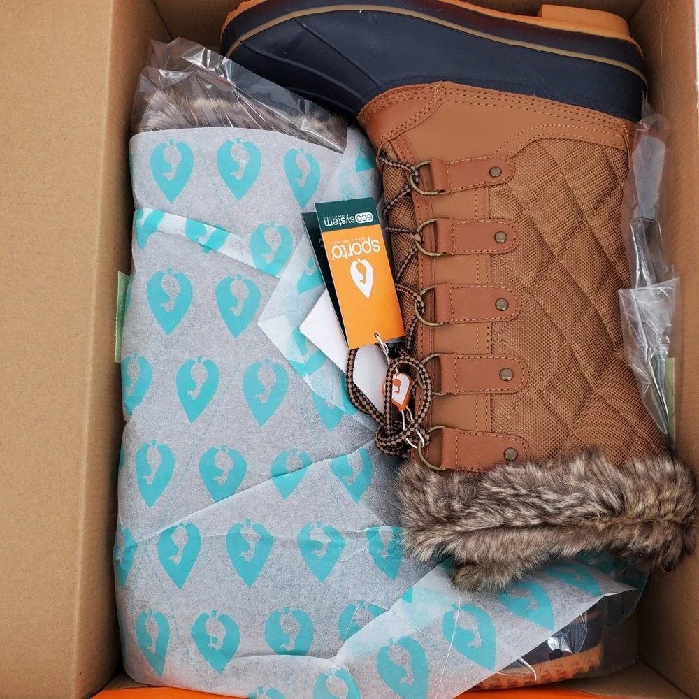 Sporto Deal Waterproof Duck Boots Women 9 M Tan Navy Faux Fur Trim Round Toe New